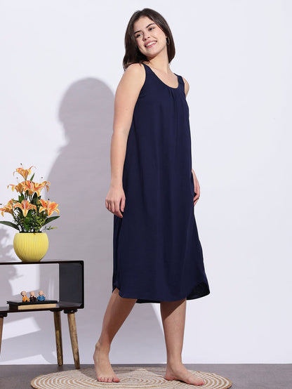 Hosiery Cotton Navy Blue Best Sleeveless Nighty for Women