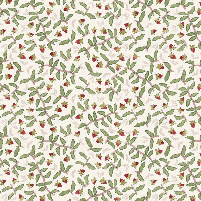 Nellie Burgundy fabric with lush strawberry vine pattern in green and burgundy tones, perfect for custom curtains by Pepper Home.