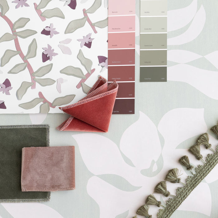 Nellie Plum made-to-order fabric and trim samples in muted plums and greens with quick lead times, crafted in the USA