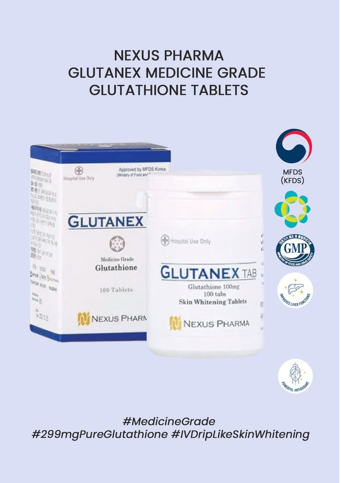 Packaging of Nexus Pharma Glutanex Medicine Grade Glutathione Tablets, showing the box and tablets with brand and product information.