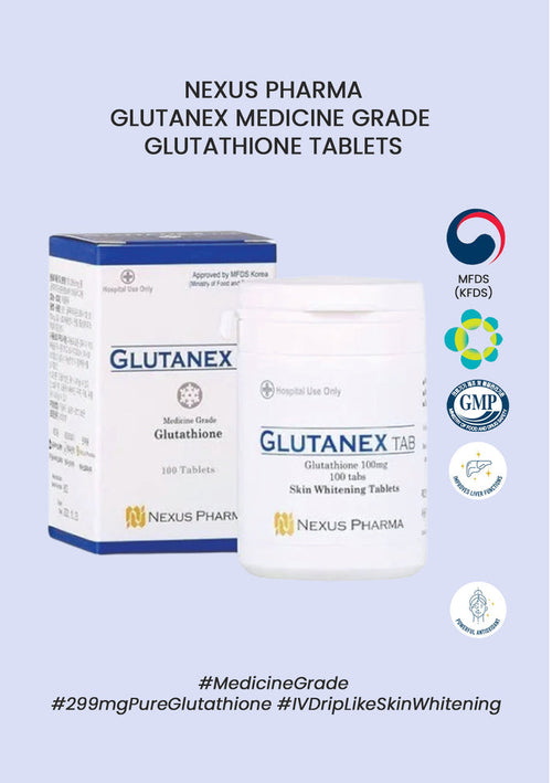 Packaging of Nexus Pharma Glutanex Medicine Grade Glutathione Tablets, showing the box and tablets with brand and product information.