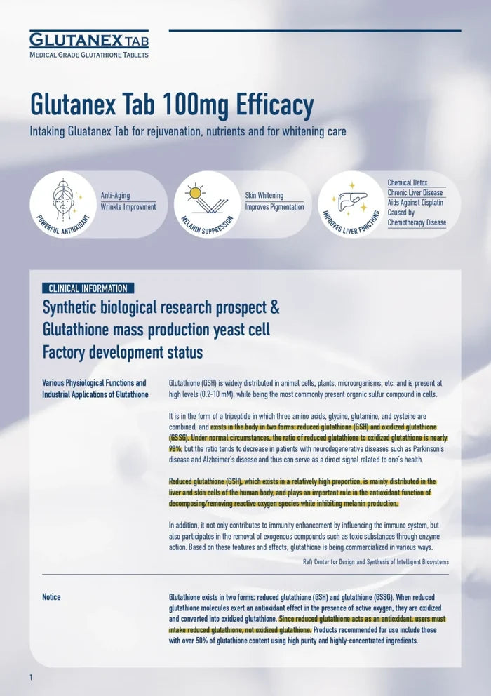 Brochure or flyer for Glutanex Tab 100mg Efficacy with text and icons on a white background