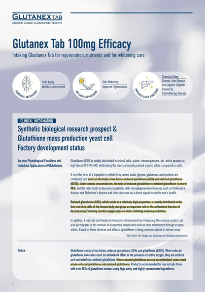 Brochure or flyer for Glutanex Tab 100mg Efficacy with text and icons on a white background