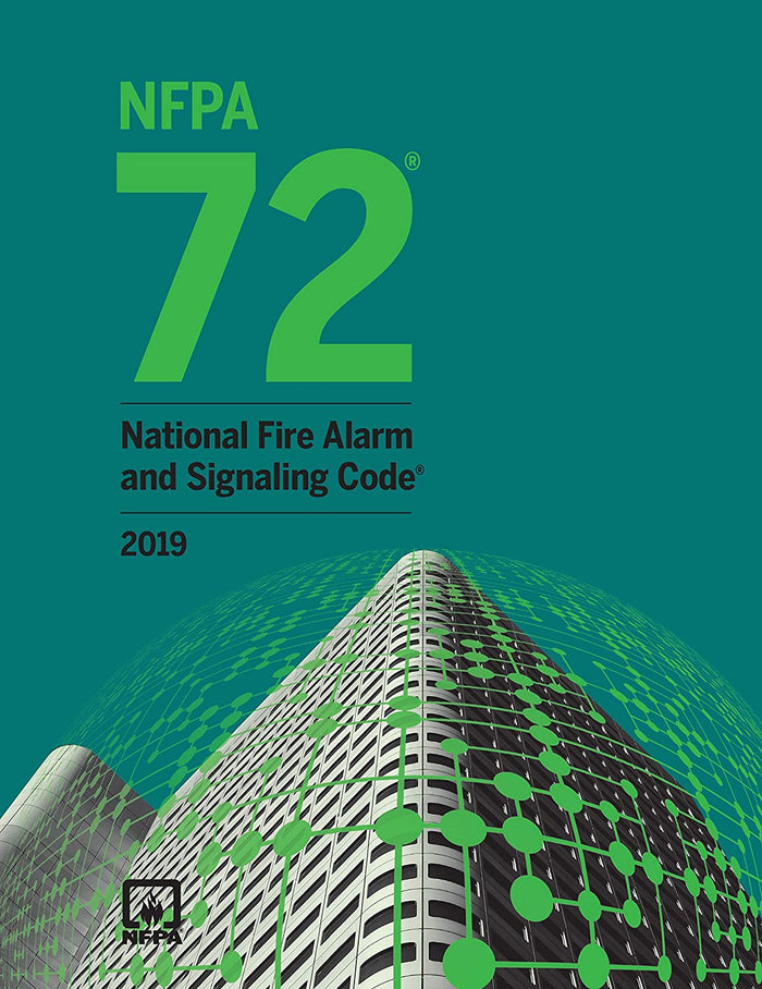 Cover of 2019 NFPA 72 National Fire Alarm and Signaling Code book with futuristic building and green digital overlay design
