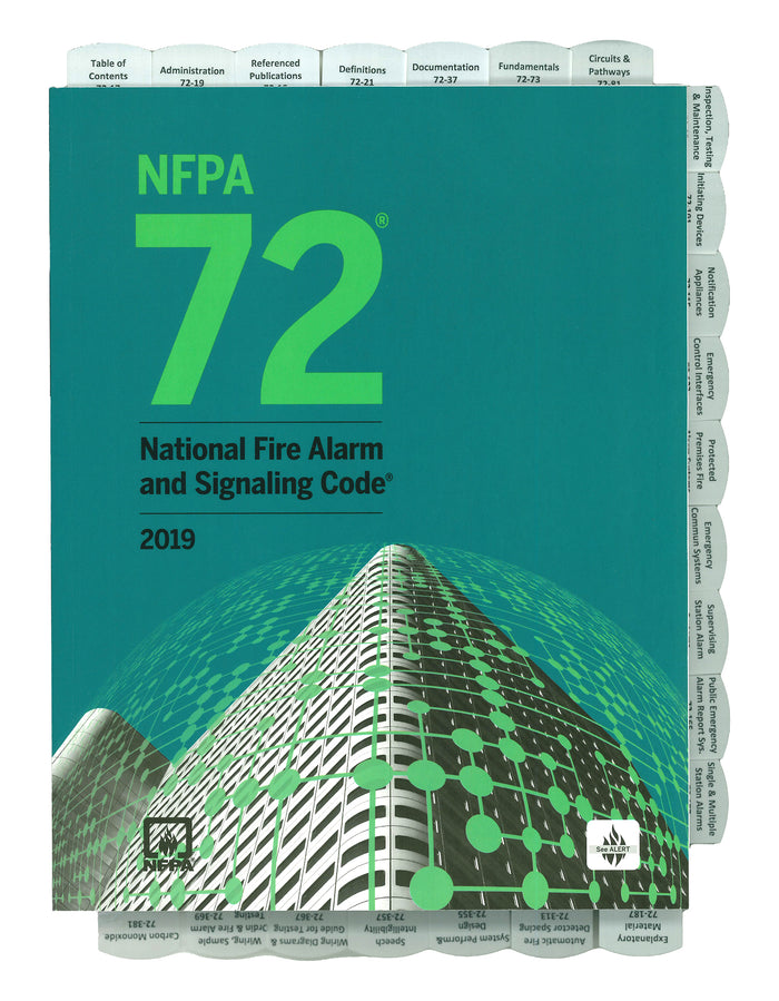 2019 NFPA 72 National Fire Alarm and Signaling Code book with labeled tabs on white background