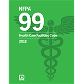 Green cover of NFPA 99 Health Care Facilities Code 2018 edition with white text and medical caduceus symbol background