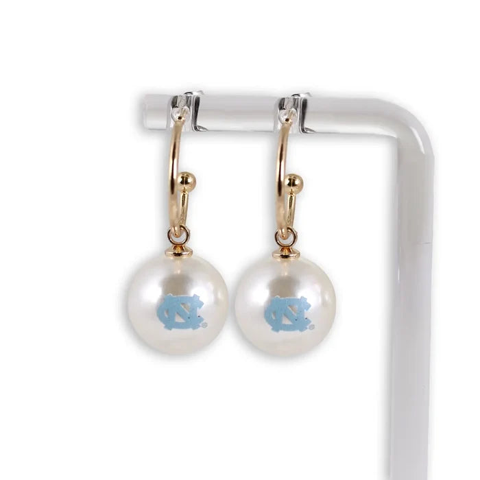 North Carolina Logo Pearl Hoop Earrings - Detail View - Seasons Jewelry