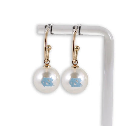 North Carolina Logo Pearl Hoop Earrings - Detail View - Seasons Jewelry