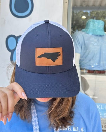 North Carolina Trucker Hat in Navy and White with Leather NC Patch - Detail View - Legacy