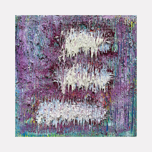 The artwork 'Number 34' by Roberto A Godinez features dynamic white brushstrokes against a rich purple and turquoise background. Abstract expressionist drip technique creates vertical streaks and textured layers, with thick impasto oil paint application. Three prominent white marks cascade down the canvas, creating depth and movement against the vibrant color field. By Roberto A Godinez.