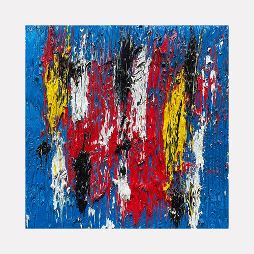 The artwork 'Number 46' by Roberto A Godinez features dynamic vertical drips and splashes in vibrant primary colors. Bold strokes of electric blue dominate the background, while dramatic streaks of crimson red, bright yellow, pure white, and deep black create an energetic abstract composition. The oil painting's textured surface emphasizes the spontaneous, expressive brushwork and paint application.