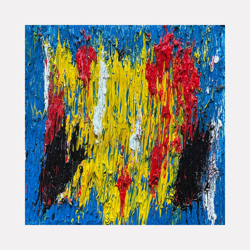 The artwork 'Number 48' by Roberto A Godinez features bold vertical drip painting technique with vibrant yellow dominance, contrasted by intense red splashes and deep black sections against a bright blue background. Heavy impasto texture creates dynamic movement through abstract expressionist style on 6x6 inch oil canvas.