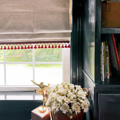 Raspberry made-to-order window treatment with red tassel trim, fast delivery, crafted in the USA with quality materials