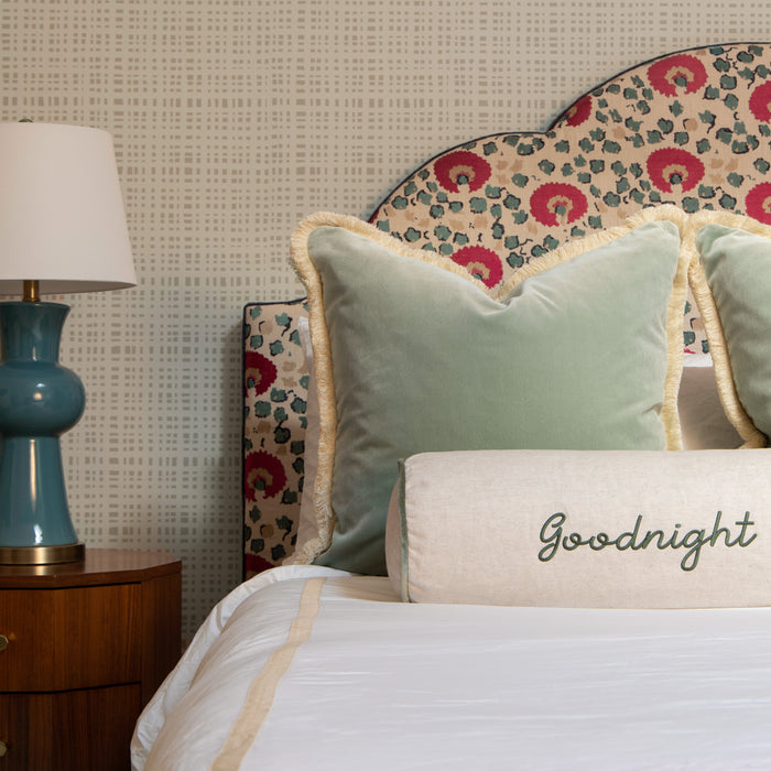 Oat made-to-order linen pillow with soft green velvet and cream fringe, crafted in the USA with short lead times and quality materials