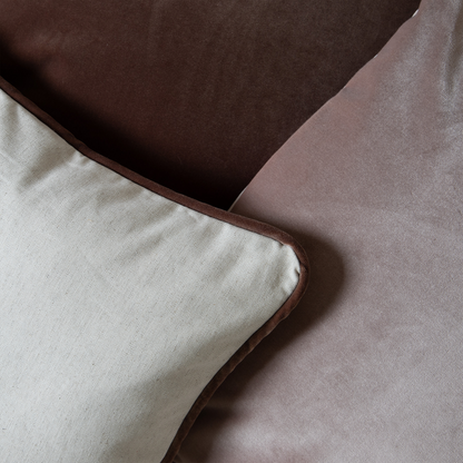 Oat made-to-order pillow set in soft walnut, mauve, and cream tones, crafted in the USA with quick turnaround and quality materials