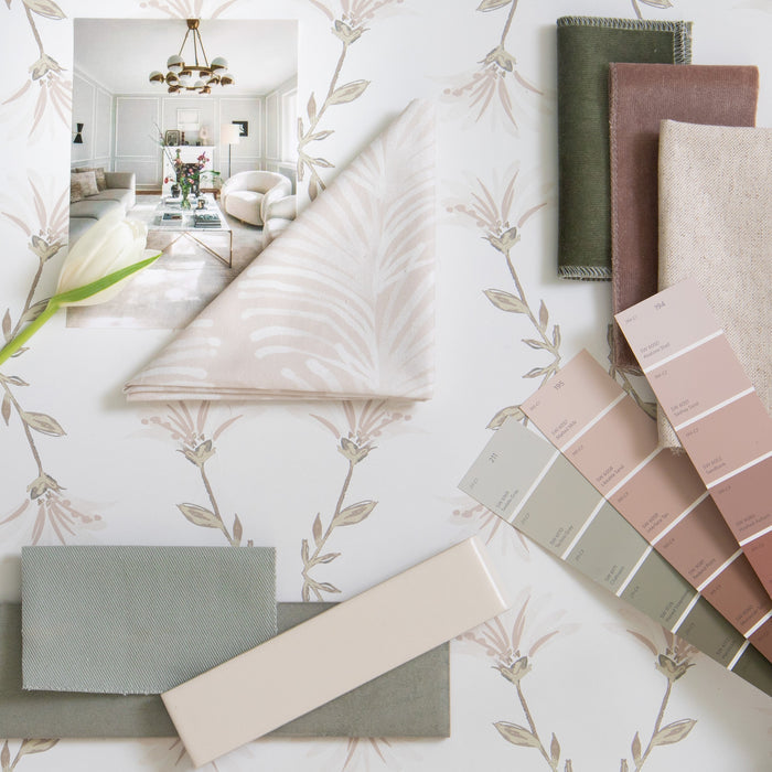 Oat made-to-order fabric swatches and paint samples in soft neutral tones, manufactured in the USA with short lead times