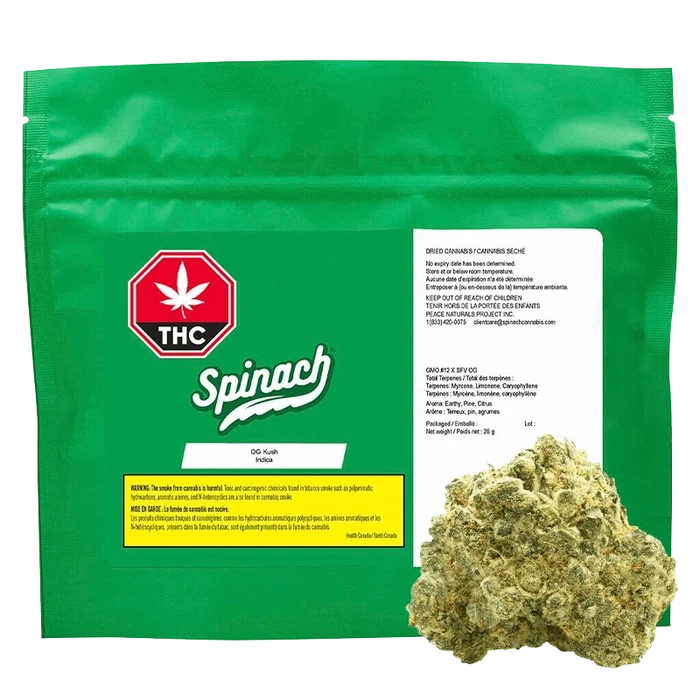 Front-facing shot of a green Spinach OG Kush pouch with THC symbol and a cannabis bud at the lower right.