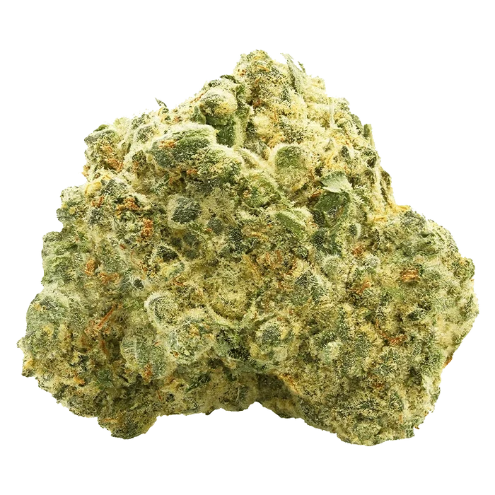 Close-up frontal view of a dense, frosty OG Kush cannabis bud showing green and amber hairs and crystalline trichomes.