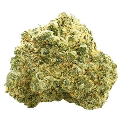 Close-up frontal view of a dense, frosty OG Kush cannabis bud showing green and amber hairs and crystalline trichomes.