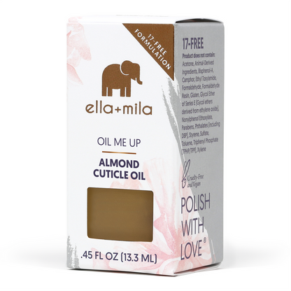 Oil Me Up almond cuticle oil with its retail box, 0.45 fl oz