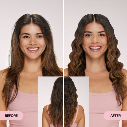 Before and after comparison showing transformation from straight to defined, glossy waves.