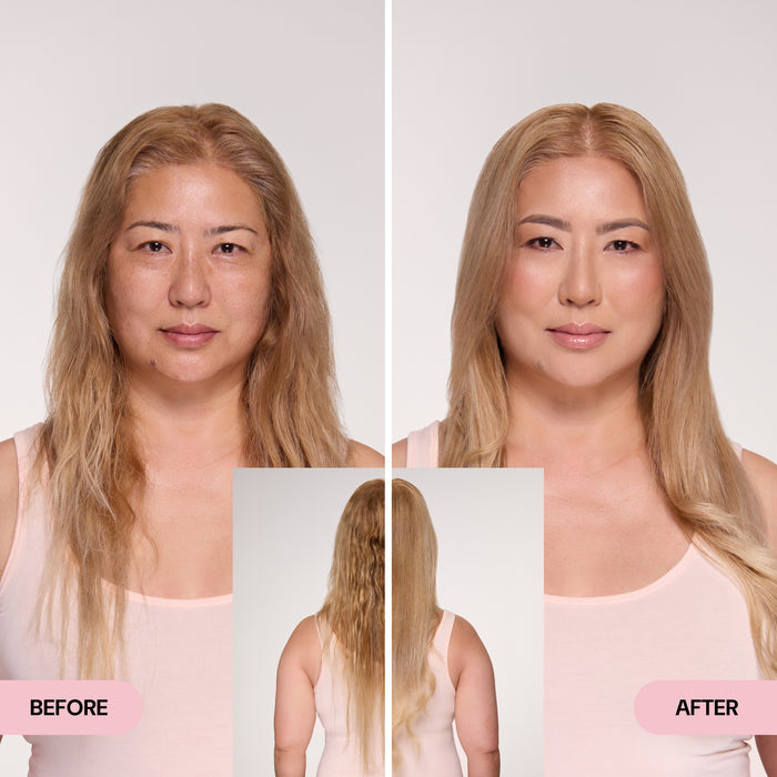 Before and after comparison showing transformation from frizzy to smooth, glossy blonde hair.