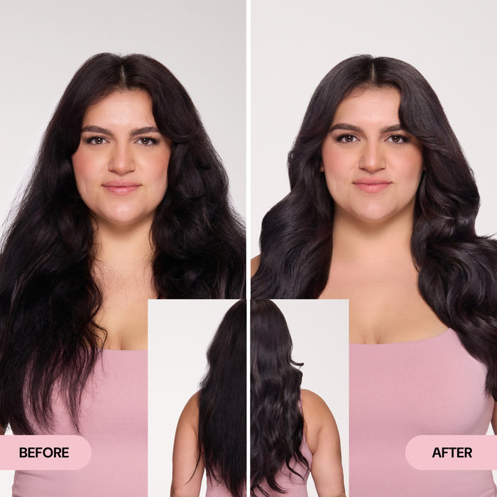 Before and after image showing transformation from frizzy to smooth, voluminous dark hair.