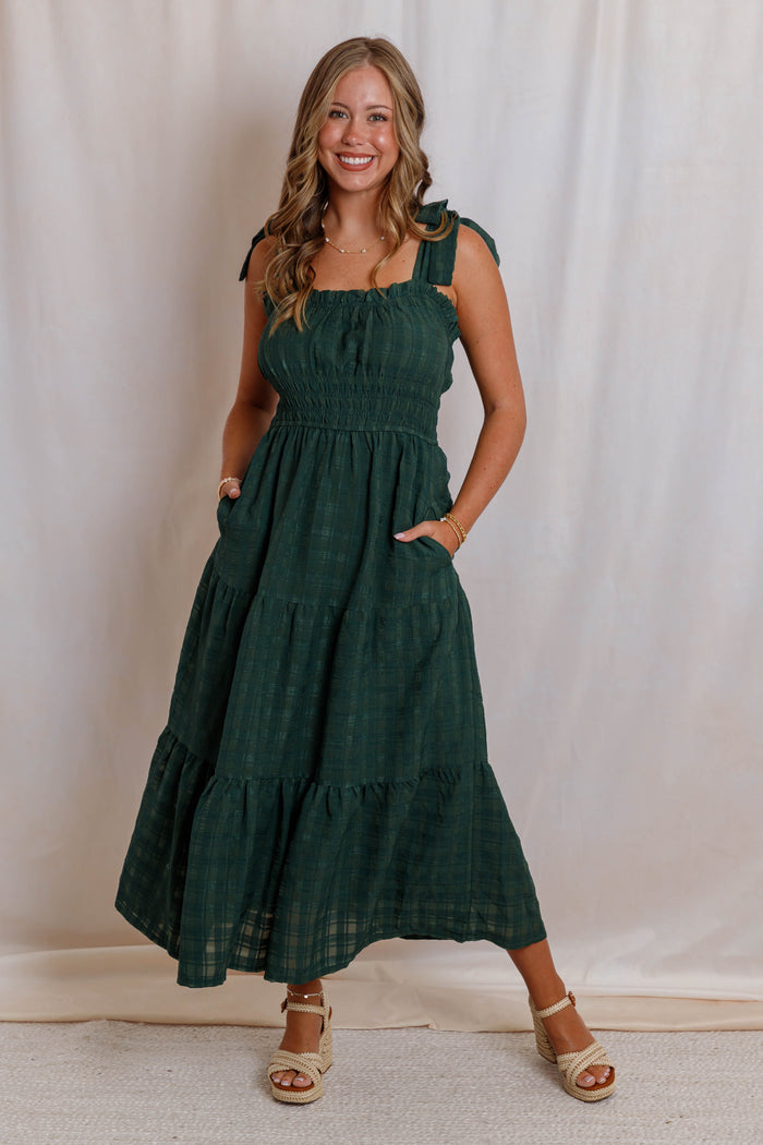 Hunter Green Midi Dress- Women's Tie Strap Tiered Dress- Smocked Waist Fall Dress With Pockets