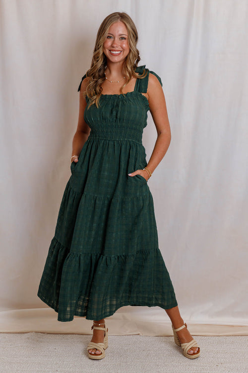 Hunter Green Midi Dress- Women's Tie Strap Tiered Dress- Smocked Waist Fall Dress With Pockets