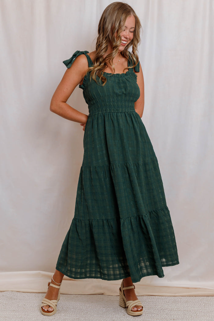 Hunter Green Midi Dress- Women's Tie Strap Tiered Dress- Smocked Waist Fall Dress With Pockets