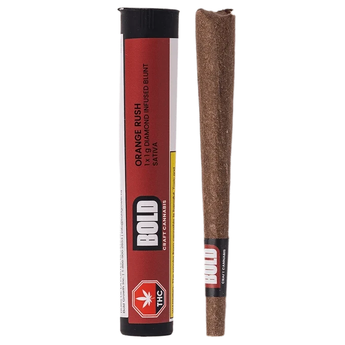 Studio-lit front view of the Orange Crush Blunt 1 x 1 g showing a red cylindrical tube labeled BOLD next to a brown pre-rolled blunt.