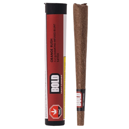 Studio-lit front view of the Orange Crush Blunt 1 x 1 g showing a red cylindrical tube labeled BOLD next to a brown pre-rolled blunt.