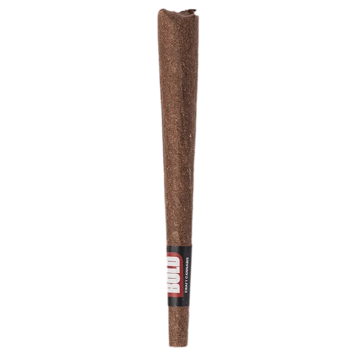 Straight-on view of an upright Orange Crush Blunt 1 x 1 g, a brown cone-shaped pre-roll with a small black-and-red label near the base