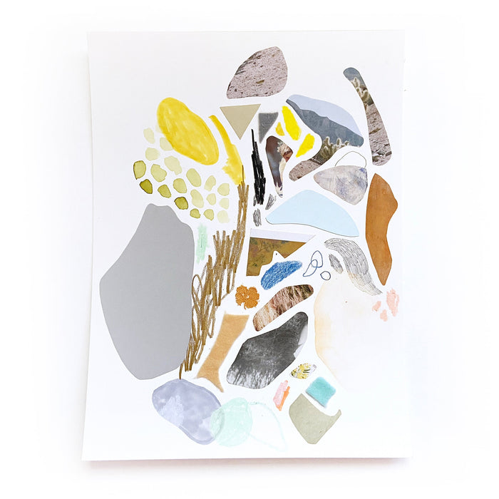 The artwork 'Pathways No 3' by Linden Eller features an abstract collage composition of organic shapes in muted and bright tones, including yellow, gray, brown, and soft blue. The mixed media piece on white paper showcases floating geometric and curved forms arranged in a dynamic, fragmented pattern, creating a sense of movement and spatial depth.