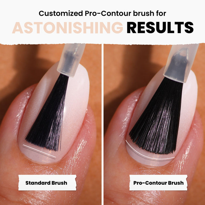 Compare the LONDONTOWN Pearl nail polish brushes: a standard brush on the left and a wider, flatter pro-contour brush on the right, highlighting differences in soft, shimmering coverage.