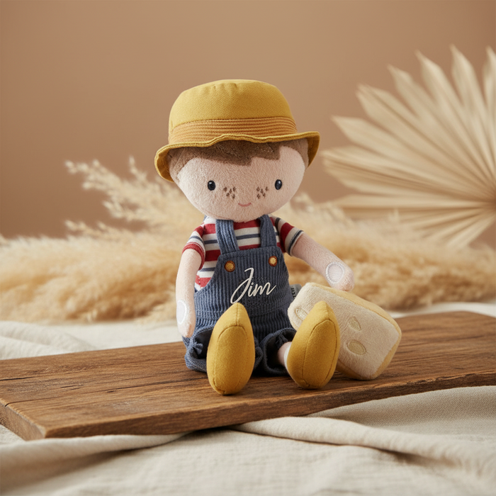 Personalisierte Stoffpuppe Farmer Jim mit Name als Geschenk zur Geburt