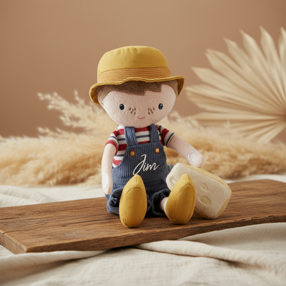 Personalisierte Stoffpuppe Farmer Jim mit Name als Geschenk zur Geburt