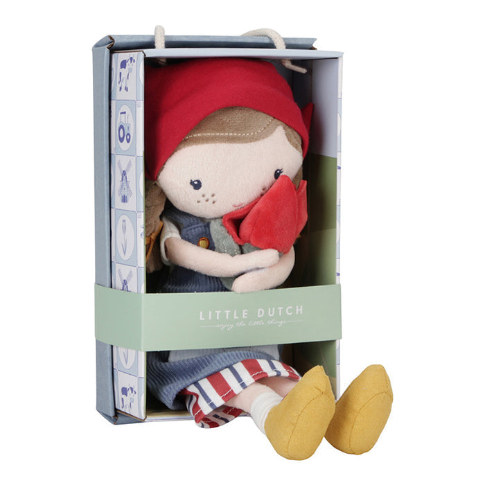 Detailansicht der weichen Kuschelpuppe Rosa mit Tulpe