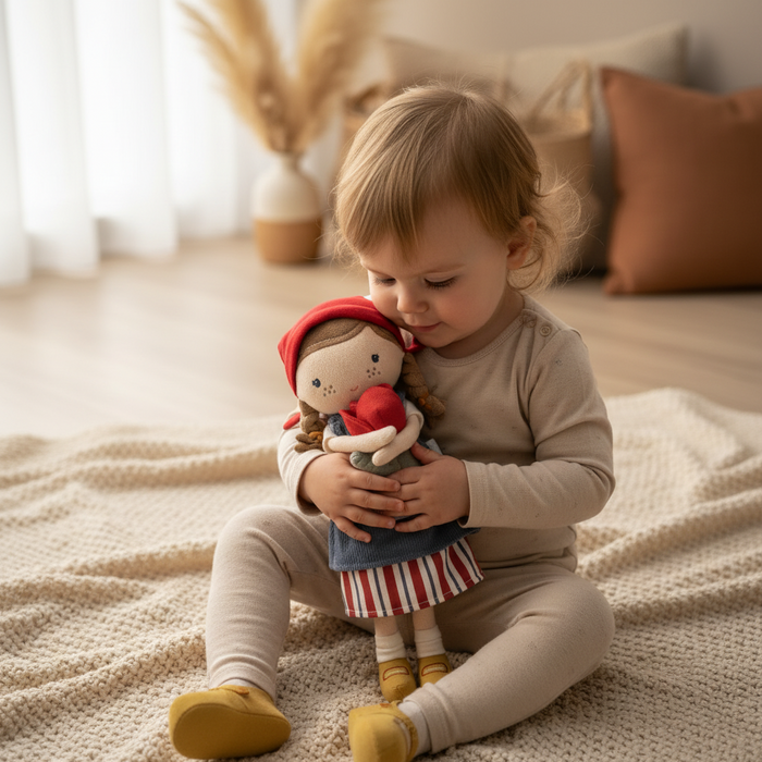 Baby kuschelt mit personalisierter Stoffpuppe Rosa mit Name