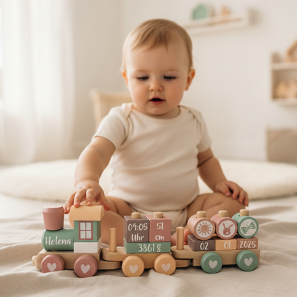 Personalisierter Holzzug Adventure Pink zur Geburt mit Name und Geburtsdaten, Variante Druck