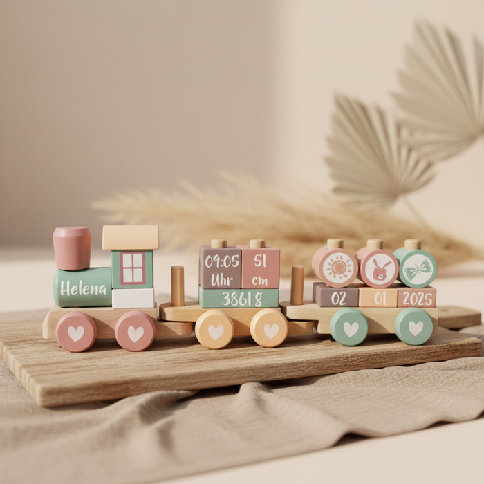 Holzzug Adventure Pink in Rosa und Pink, personalisiert zur Geburt