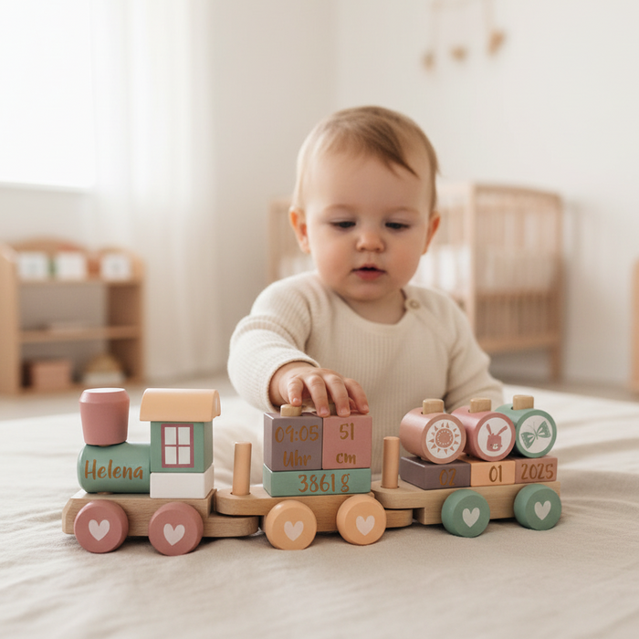 Personalisierter Holzzug Adventure Pink als Geschenk zur Geburt für ein Baby