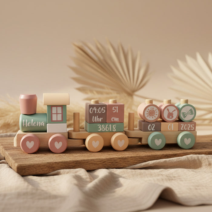 Holzzug aus Holz in Rosa und Pink mit Personalisierung zur Geburt
