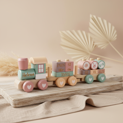 Personalisierter Holzzug Adventure Pink zur Geburt, Variante Lasergravur