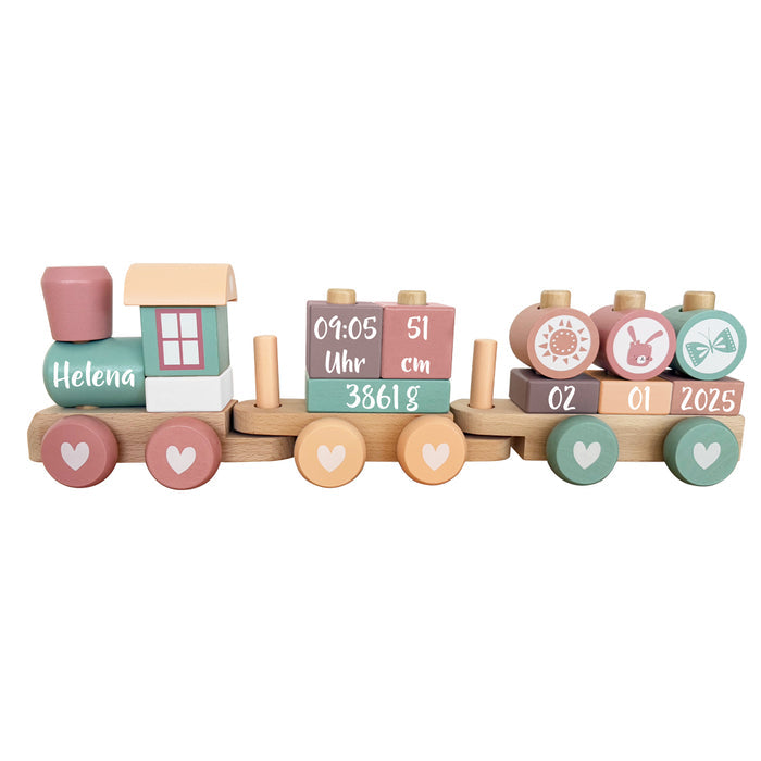 Bedruckter Holzzug Adventure Pink mit Name und Geburtsdaten zur Geburt