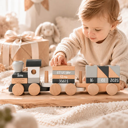 Personalisierter Holzzug mit Name und Geburtsdaten als Teil eines Geschenksets zur Geburt