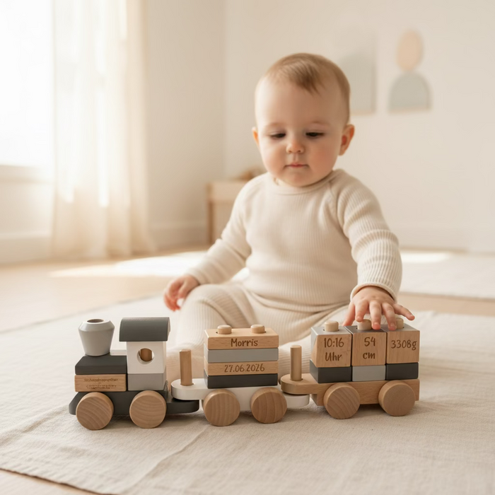 Baby spielt mit personalisiertem Holzzug aus Holz mit Name und Geburtsdaten