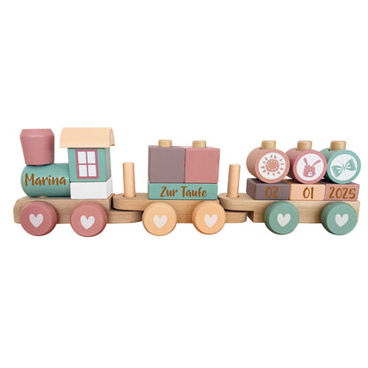 Personalisierter Holzzug Adventure Pink zur Taufe mit Name und Taufdatum – gelaserte Ausführung ohne Motiv