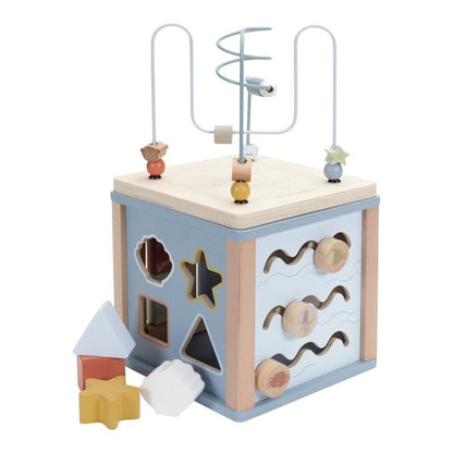 Motorikwürfel Ocean mit Formensortierer, Motorikschleife und Schiebeelementen aus Holz