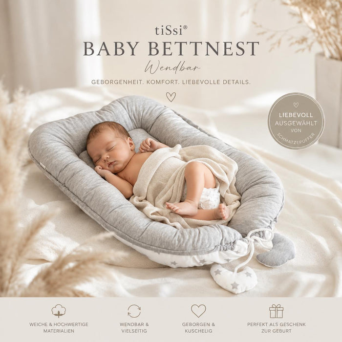 Personalisiertes tiSsi Babynest Sterne Grau/Weiß mit Name – wendbares Babynest als Geschenk zur Geburt